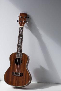 Beyaz arka planda beyaz zeminde duran gölgeli Ukulele
