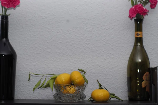 Macro Natureza Morta Com Tangerinas Cor Laranja Espanha Folhas Com — Fotografia de Stock