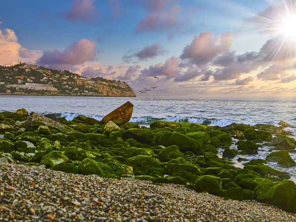 Strand Der Stadt Herradura Granada Morgen Den Goldenen Stunden — Stockfoto