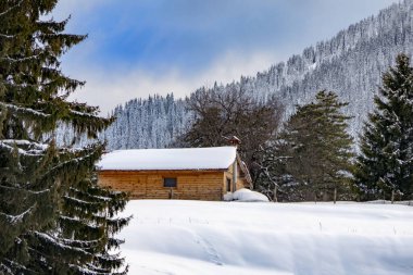 Kış Zamanı Karla çevrili Küçük Dağ Evi