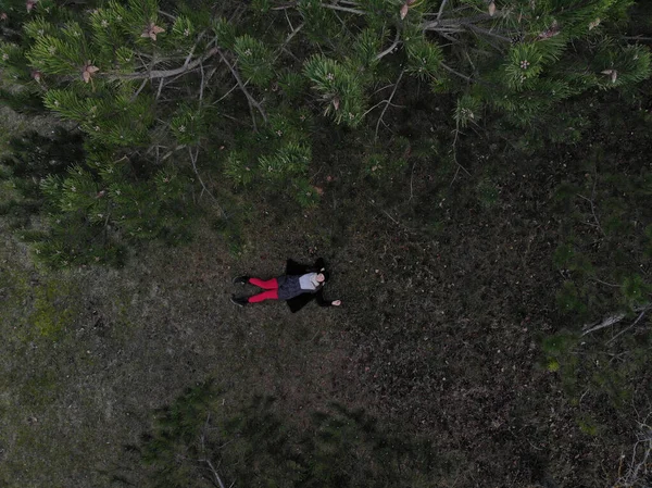 Vista superior de una hembra con pantalones rojos acostada en un bosque durante la victoria —  Fotos de Stock