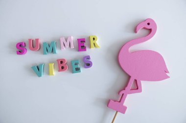 Beyaz bir arkaplanda izole edilmiş renkli ahşap harflerden oluşan yaz titreşimleri.