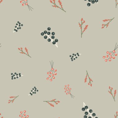 Kış çiçekleri doğa deseni. Soyut mavi ve kırmızı karalama meyveleri ve pürüzsüz vektör desenleri. Çiçekler ve yapraklar mevsimsel renklerde tekrar eder. Yüzey tasarımı, kumaş, kış dekorasyonu