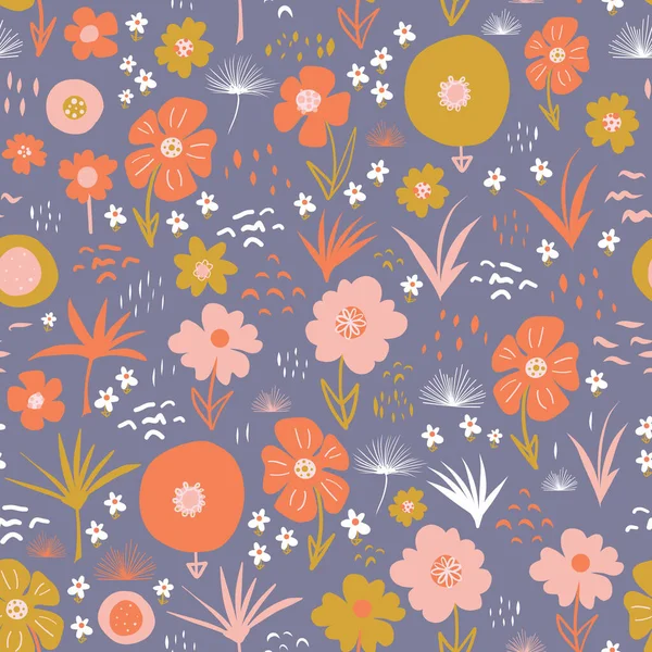 Patrón vectorial sin costuras con flores escandinavas planas estilizadas en naranja rosado y oro sobre un fondo púrpura. Impresión retro decorativa para niños tela, decoración de la superficie, papel pintado, embalaje — Archivo Imágenes Vectoriales