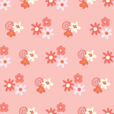Pembe ve sarı çiçekli arka plan. Düzleştirilmiş İskandinav çiçekleriyle kusursuz vektör deseni. Çocuklar için dekoratif retro baskı. Kumaş, yüzey dekorasyonu, duvar kağıdı, ambalaj.