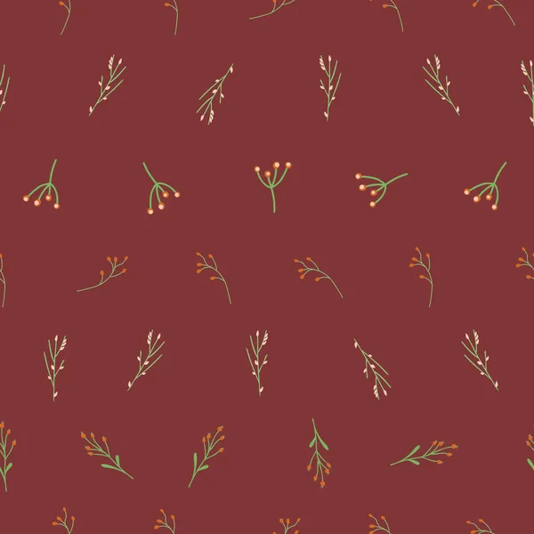 Kerst bloemen naadloze vector patroon. Delicate bladeren en bloemen rood en groen winter takken en bessen. Handgetekende achtergrond voor cadeaupapier, stofontwerp, oppervlaktedecoratie — Stockvector