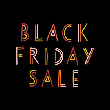 Doodle Black Friday çocuk pankartı satışı vektörü. Tanıtım broşürleri ve kartlar için el yazısıyla yazılmış tipografi. Sevimli çocuklar satış metni