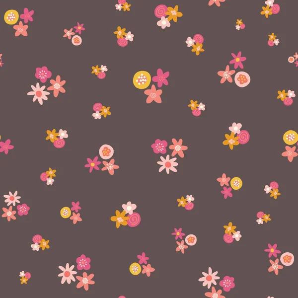 Scattered pink yellow ditsy flowers seamless vector background. Abstract floral pattern repeating texture. Scandinavian style flat flowers texture. Use for fabric, kids decor, digital paper — Stock Vector