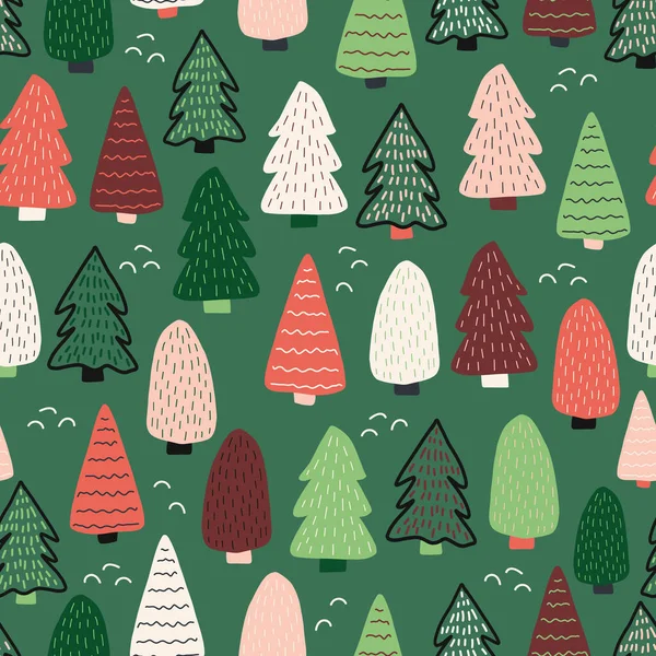 Christmas trees vector background. Seamless pattern hand drawn doodle trees. Decorative holiday background. Winter holiday design green red white for fabric, gift wrap, card decoration, scrapbooking — Stock Vector