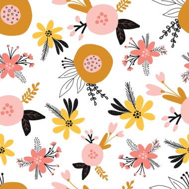 Seamless floral vector pattern with flat stylized Scandinavian flowers in pink gold yellow orange on a white background. Decorative retro print for kids fabric, surface decor, wallpaper, packaging