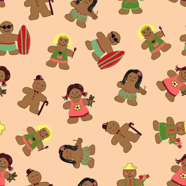 Kusursuz desenli Noel kurabiyeleri zencefilli kurabiye erkekler ve komik krema kostümleriyle süslenmiş kadınlar. Eğlenceli xmas arka planı tatlı yemek çizimi. Tropik tekrarlayan Noel tasarımı — Stok fotoğraf
