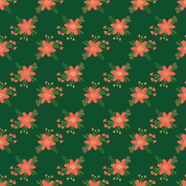 Red Christmas flowers seamless vector pattern. Flat Scandinavian style florals and leaves with metallic gold foil elements on green background. Elegant hand drawn Holiday design for fabric, gift wrap