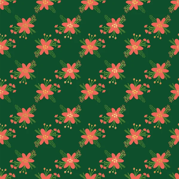 Red Christmas flowers seamless vector pattern. Flat Scandinavian style florals and leaves with metallic gold foil elements on green background. Elegant hand drawn Holiday design for fabric, gift wrap — Stok Vektör