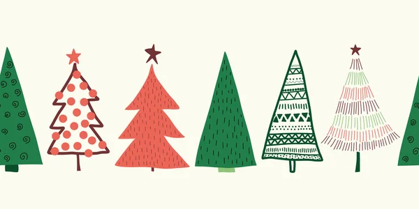 Χριστουγεννιάτικα δέντρα διανυσματικά σύνορα. Απρόσκοπτη σχέδιο χέρι που doodle δέντρα πράσινο κόκκινο. Διακοσμητικό σχέδιο χειμερινών διακοπών για κορδέλες, διακόσμηση καρτών, scrapbooking, πανό — Διανυσματικό Αρχείο