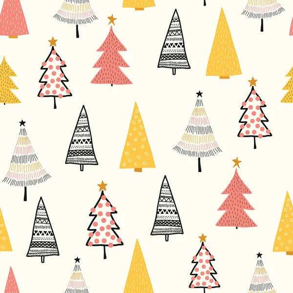 Christmas doodle trees vector background. Seamless pattern hand drawn trees. Decorative holiday background. Winter design orange gold pink white for fabric, gift wrap, card decoration, scrapbooking — Stock Vector