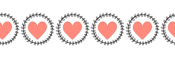 Doodle Hearts sem costura vetor borda mão desenhada. Formas de coração rosa em quadros de folha de círculo. Use para dia dos namorados, decoração de cartão, fitas, banners — Vetor de Stock