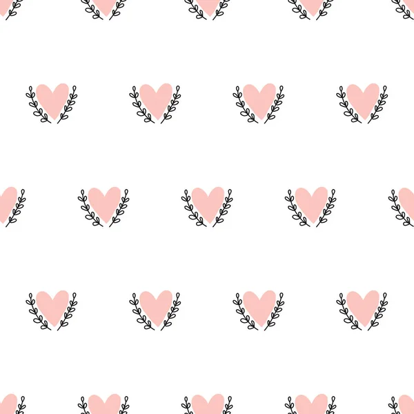 Doodle Hearts sin costuras vector de fondo dibujado a mano. Corazón rosado forma entre las ramas de las hojas. Uso para el día de San Valentín, decoración de tarjetas, tela, papel pintado, embalaje, envoltura de regalo — Archivo Imágenes Vectoriales