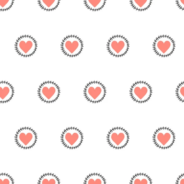 Doodle Hearts naadloze vector patroon hand getekend. Roze hart vormen in blad takken cirkels. Gebruik voor Valentijnsdag, kaartdecoratie, stof, behang, verpakking, cadeauverpakking — Stockvector