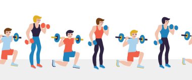 Ağırlık kaldıran erkekler haltersiz kondisyon sporu, kusursuz vektör sınırı. Beden eğitimi dersi, spor müsabakası, broşür, fitness stüdyosu reklamı, poster, kart