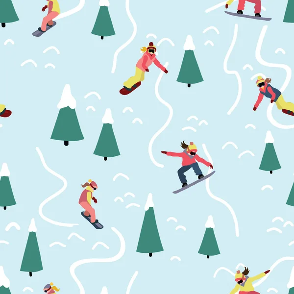 Snowboarding women seamless vector pattern. Winter sport illustration with woman on snowboard riding down a hill. Mountain outdoor sport. Use for fabric, sports wear, flyer, poster