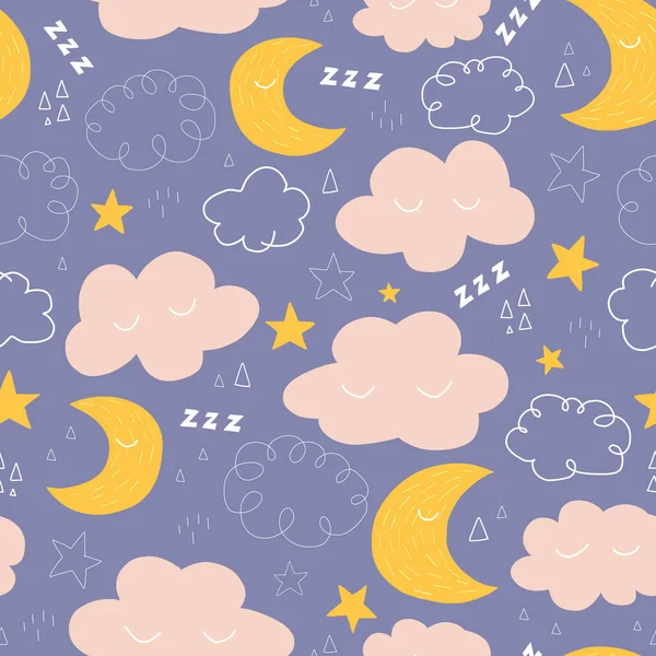 Lune, étoiles et nuages motif vectoriel sans couture avec des personnages de ciel nocturne mignon. Doux rêves répétant fond. Bonne nuit Illustration vectorielle pour tissu, vêtements enfants, literie, pépinière, décoration — Image vectorielle