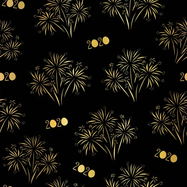 Fireworks 2020 Happy New Year seamless vector pattern. Opakování pozadí pro Silvestra. Metalický lesklý efekt zlaté fólie. Elegantní design na pozvání, pohlednice, plakát, banner, pozvánka na večírek — Stockový vektor
