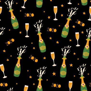 2020 Şampanya şişeleri Yeni Yıl Arifesi kusursuz vektör desenini kutluyor. Yılbaşı partilerinin arka planında şişe ve köpüklü şarap kadehleriyle tekrarlanıyor. Parti davetiyesi, kart, poster için kullan