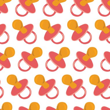 Emzik pembe, kusursuz vektör deseni. Bebek temalı arka plan düz el çizimi daha rahatlatıcı emzik çizimi. Bebek kumaşı, dijital yapıştırma defteri, ambalaj, duş davetiyesi