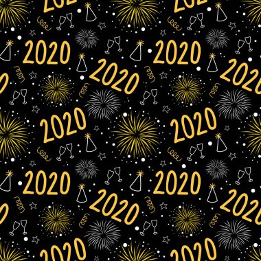 2020 New Years Eve firework celebration seamless vector background. Repeating New Year party pattern with champagne wine glasses, fireworks, party hats on black. For party invitation, cards, posters vector 2020 New Years Eve firework celebration seamless vector background. Repeating New Year party pattern with champagne wine glasses, fireworks, party hats on black. For party invitation, cards, posters vector