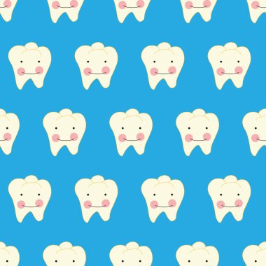 Yüzü gülen çizgi film stili kusursuz vektör desenli diş. Tatlı beyaz dişli, dişleri tekrar eden bir arka plan. Çocuk dişçiliği, diş hekimliği reklamı, broşür, kart, ambalaj
