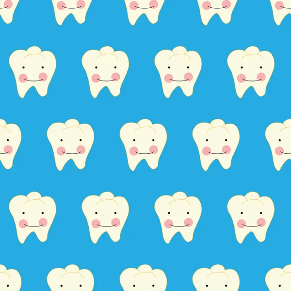 Tooth with smiling face cartoon style seamless vector pattern. Dental repeating background with cute white teeth. Use for kids dentistry, dental clinic advertisement, flyer, card, packaging — Stock Vector