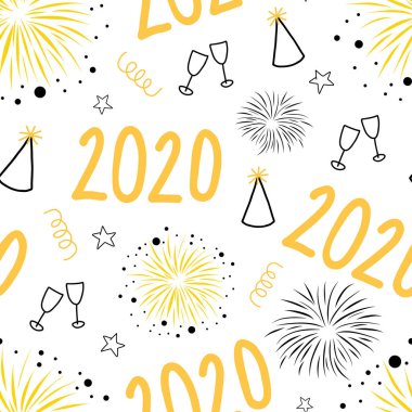 2020 New Years Eve celebration seamless vector pattern. Repeating New Year party background with champagne wine glasses, fireworks, party hats. Use for party invitation, cards, poster, fabric vector 2020 New Years Eve celebration seamless vector pattern. Repeating New Year party background with champagne wine glasses, fireworks, party hats. Use for party invitation, cards, poster, fabric vector