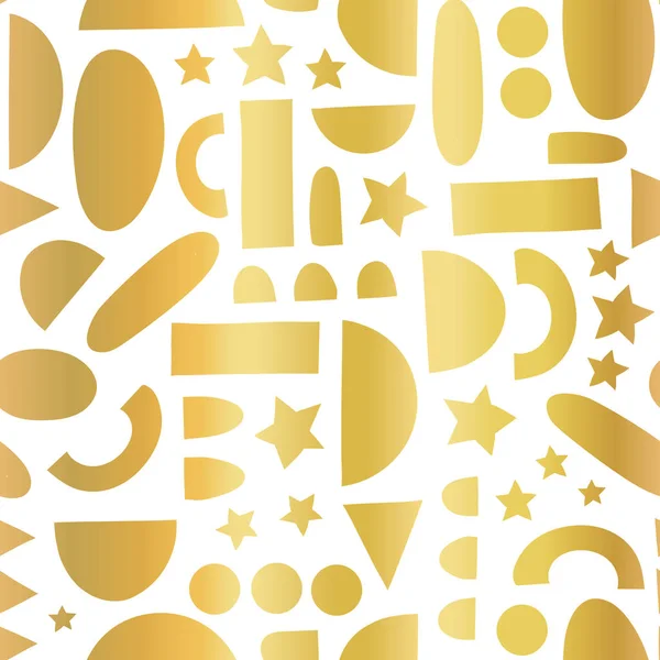 Abstraktní zlaté fólie tvary na bílém hladkém vektorovém pozadí. Kovové zlaté geometrické půlkruhy, hvězdy, tečky, obdélníky. Moderní abstraktní vánoční sváteční vzor — Stockový vektor