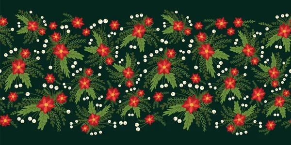 红豆杉圣诞花朵无缝病媒边界。 平面斯堪的纳维亚风格的抽象花卉和叶子图案背景. 手绘包装假日设计,表面图案设计,卡片 — 图库矢量图片