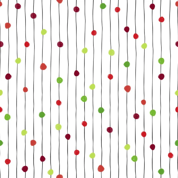 Абстрактный рождественский фон. Вертикальные полосы с зелеными и красными точками. Бесшовный ручной рисунок. Круги на вертикальных линиях. Современный геометрический рисунок праздника для открыток, баннера, обертки, декора — стоковое фото