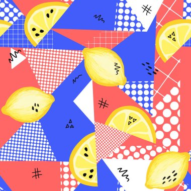 Limonlar Pop Sanat Üçgeni kolajı kusursuz arka plan. Kırmızı, mavi, sarı ve beyaz, el çizimi limon ve limon dilimleri olan meyve desenleri. Kumaş, ambalaj için modern yaz baskısı