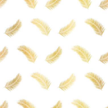 Altın folyo palmiye yaprağı bitkileri veya tüysüz vektör deseni. Metalik altın elementler beyaz arka planda. Soyut çiçek yinelenen arkaplan. Paketleme, pankart ve paketleme için vektör illüstrasyonu