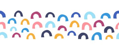 Kusursuz vektör çocuklar soyut şekiller, mavi pembe turuncu desenler çiziyor. Çağdaş geometrik elementlerin bayrağı tekrarlanıyor. U şeklinde. Yarım daire. Modern mutlu çocuk sanatı. Çocuk dekorasyonu, kurdeleler. 