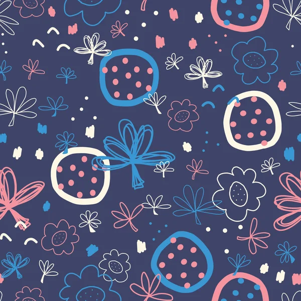 Abstract Seamless doodle vector pattern. Hand drawn shapes collage white blue pink. Modern pattern design with flowers, leaves, circles, dots. For fabric, kids wear, wallpaper, cards, surface design — Stock Vector