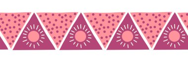 Boho tarzı pembe üçgenler kusursuz vektör kenarı. Elle çizilmiş kabile motifleri pembe. Geometrik yinelenen arkaplan. Güneş sembolü. Sancaklar, kartlar, kumaşlar, kurdeleler için üçgen şekli tekrarla