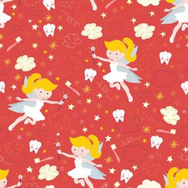 Diş perisi, kusursuz çocuk vektör geçmişi. Asası, dişleri, diş fırçası, yıldızları ve kırmızı bulutları olan sevimli periler. Çocuk dişçiliği, diş kliniği, çocuk kumaşı, dekor için tekrarlanan şablon