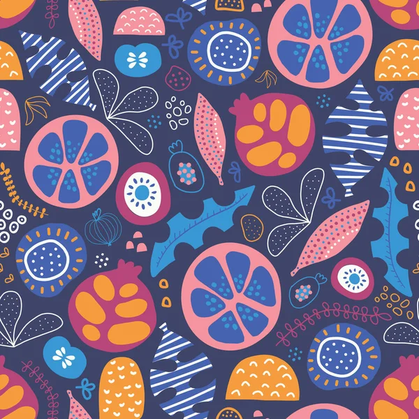 Abstract tropical floral fruit seamless vector pattern. Repeating background with stylized leaves, fruit halves and shapes. Blue, yellow, orange pink white summer design. Use for fabric, packaging — Stock Vector