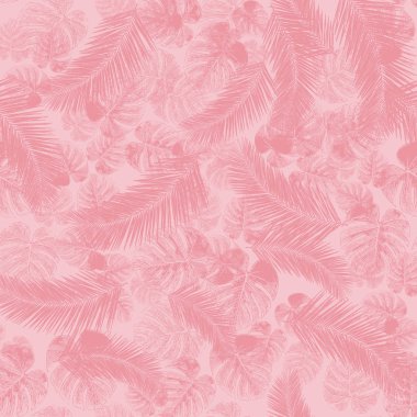Areca ve Philodendron Canavarı palmiyesi kusursuz bir vektör arkaplanı bırakır. Katmanlı tropikal yaprak deseni. Egzotik doğa arka planda pembe renkleri tekrarlıyor. Kumaş için, plaj için, yaz için, ev dekorasyonu için