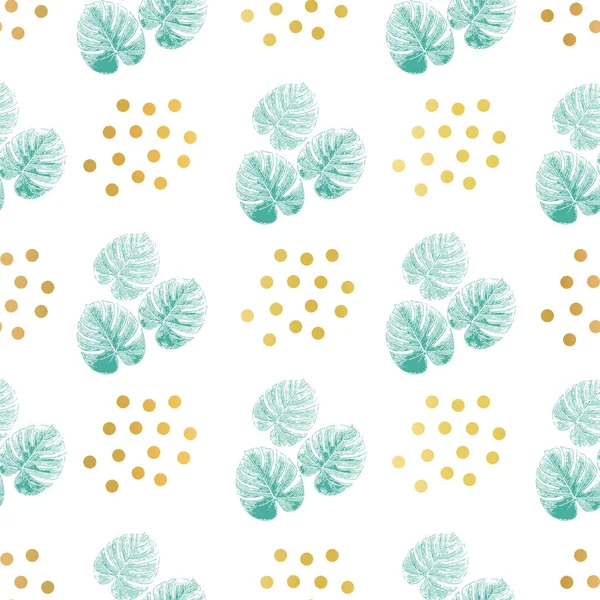 Monstera παλάμη φύλλα πράσινο και χρυσό τελείες φύλλο αδιάλειπτη διάνυσμα φόντο. Τροπικό μοτίβο φύλλων. Εξωτική φύση επαναλαμβανόμενο σκηνικό. Σχεδιασμός φυτών Philodendron για ύφασμα, beach wear, καλοκαίρι, διακόσμηση σπιτιού — Διανυσματικό Αρχείο