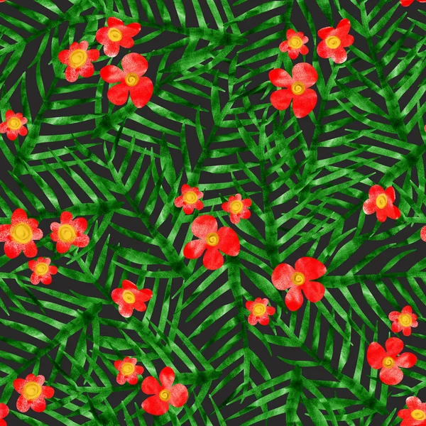 Watercolor tropical palm tree leaves with red exotic flowers seamless pattern. Repeating jungle background green red black. Hand drawn illustration for summer, decor, fabric, beachwear — Stock Photo, Image