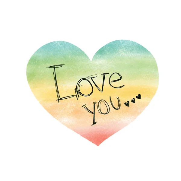 Watercolor heart with Love you text. Hand drawn red orange yellow green heart shape. Rainbow colors on white backdrop. Valentines painting. Sympathy quote. Love confession lettering.
