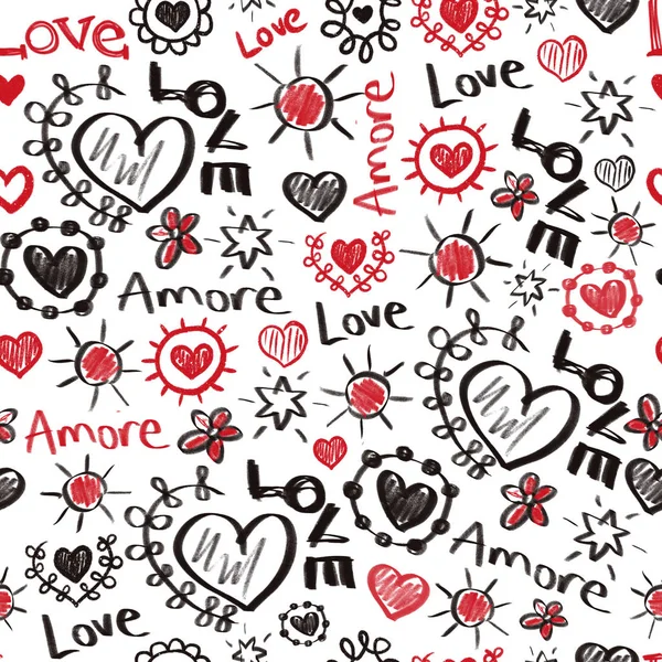 Naadloos patroon Valentines doodles. Liefde Amore krabbelt harten, sterren belettering in rood en zwart. Herhaal de handgetekende achtergrond. Tekenen van liefdessymbolen. — Stockfoto