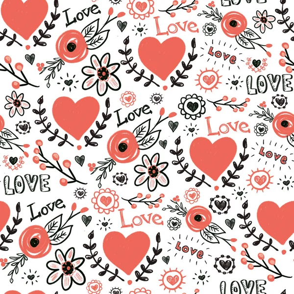 Hearts flowers love doodles hand drawn seamless pattern. Valentines day repeating background. Red and black sketches of flowers and hearts. Marker texture. For fabric, Valentines greeting cards