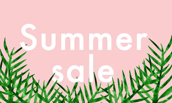 Summer sale banner with watercolor palm tree tropical leaves on a pink background. Exotic floral design for banner, flyer, invitation, poster, web site or greeting card. Paper cut style — Stock Photo, Image