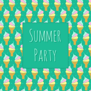 Yaz partisi davetiye şablonu. Dondurma külahı ve puantiyeli. Retro stil tasarımı. Klasik tebrik kartı, davetiye. El çizimi.